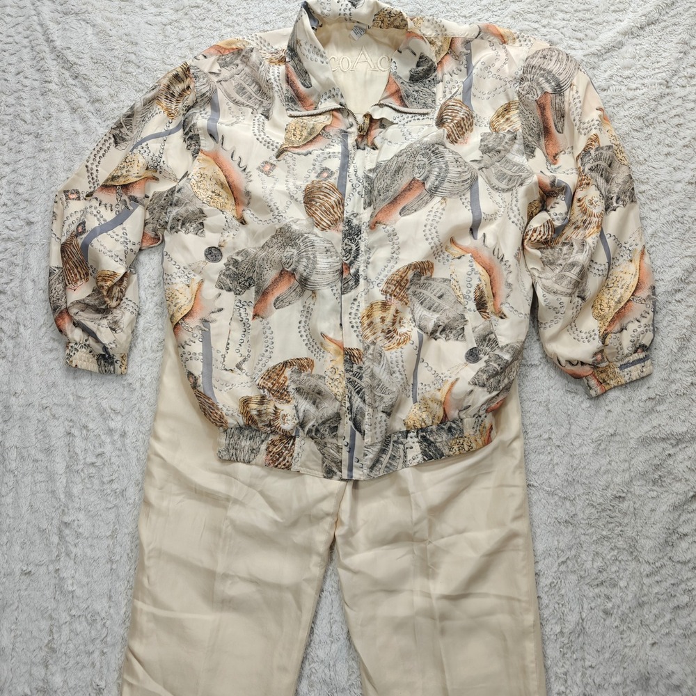 VTG CoAco Silk Tracksuit Bomber Jacket Pant Set Womens L Coastal Grandma Beach